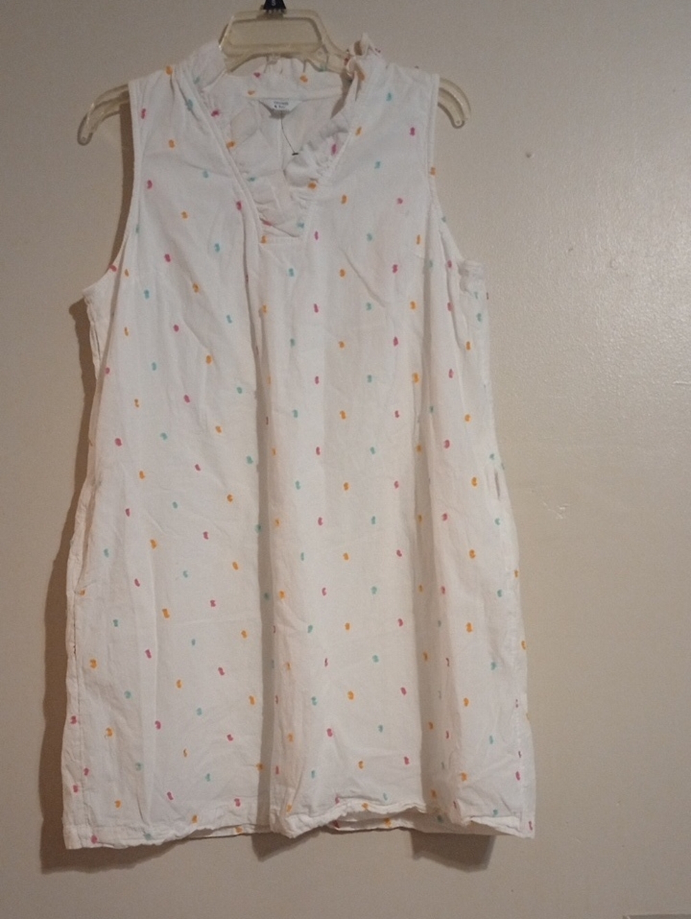White Sleeveless Shift Dress with Frilled Neckline and Multicolor Dot Embroidery
